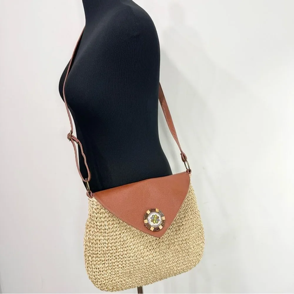Sun N Sands Tan Woven Jute Faux Leather Bead Medallion Flap Crossbody Bag